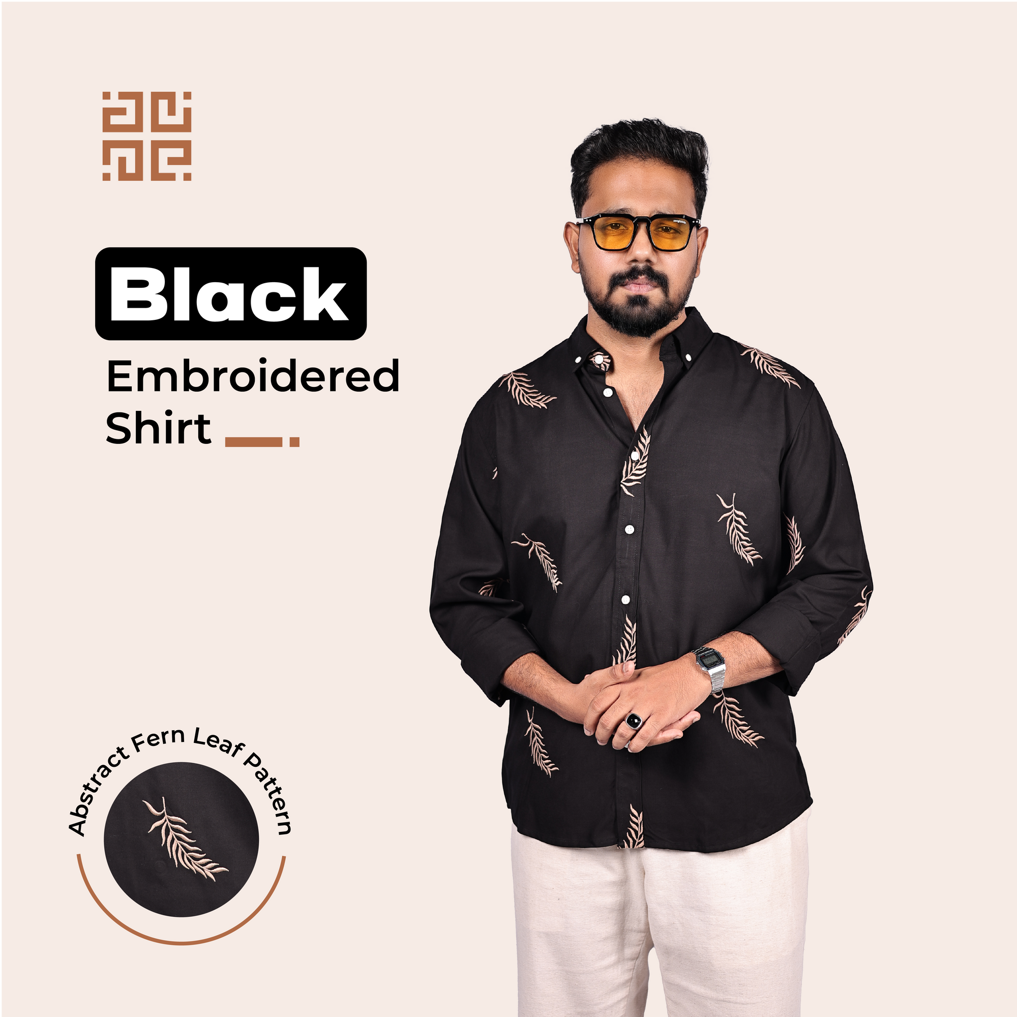 Black Fern Leaf Pattern Premium Embroidery Shirt