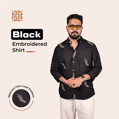 Black Fern Leaf Pattern Premium Embroidery Shirt