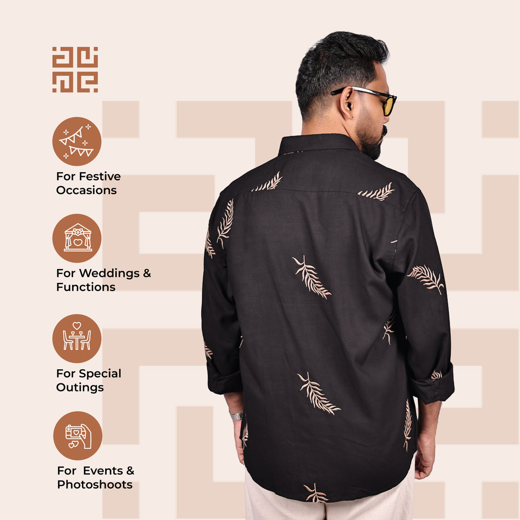 Black Fern Leaf Pattern Premium Embroidery Shirt