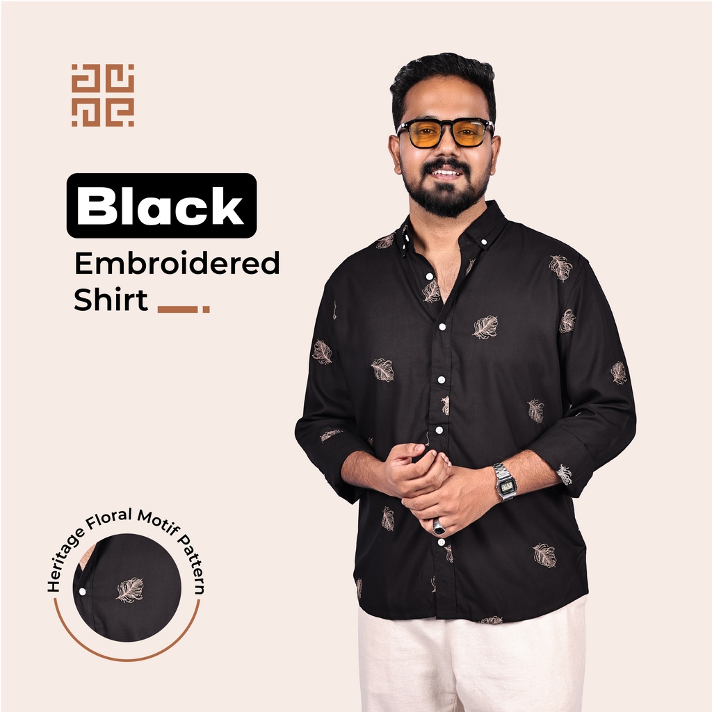 Black Heritage Floral Motif Premium Embroidery Shirt