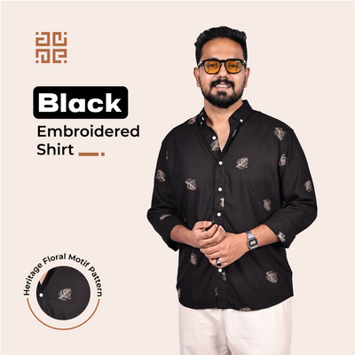 Black Heritage Floral Motif Premium Embroidery Shirt