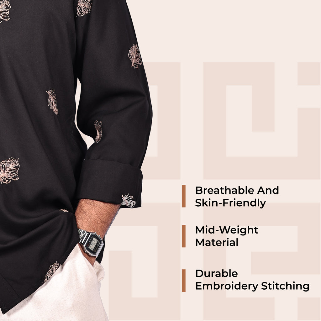Black Heritage Floral Motif Premium Embroidery Shirt