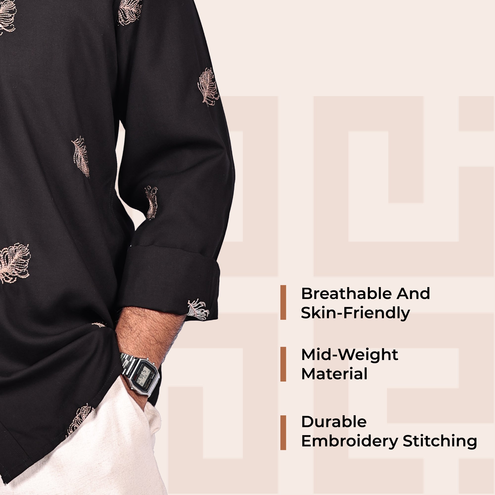 Black Heritage Floral Motif Premium Embroidery Shirt