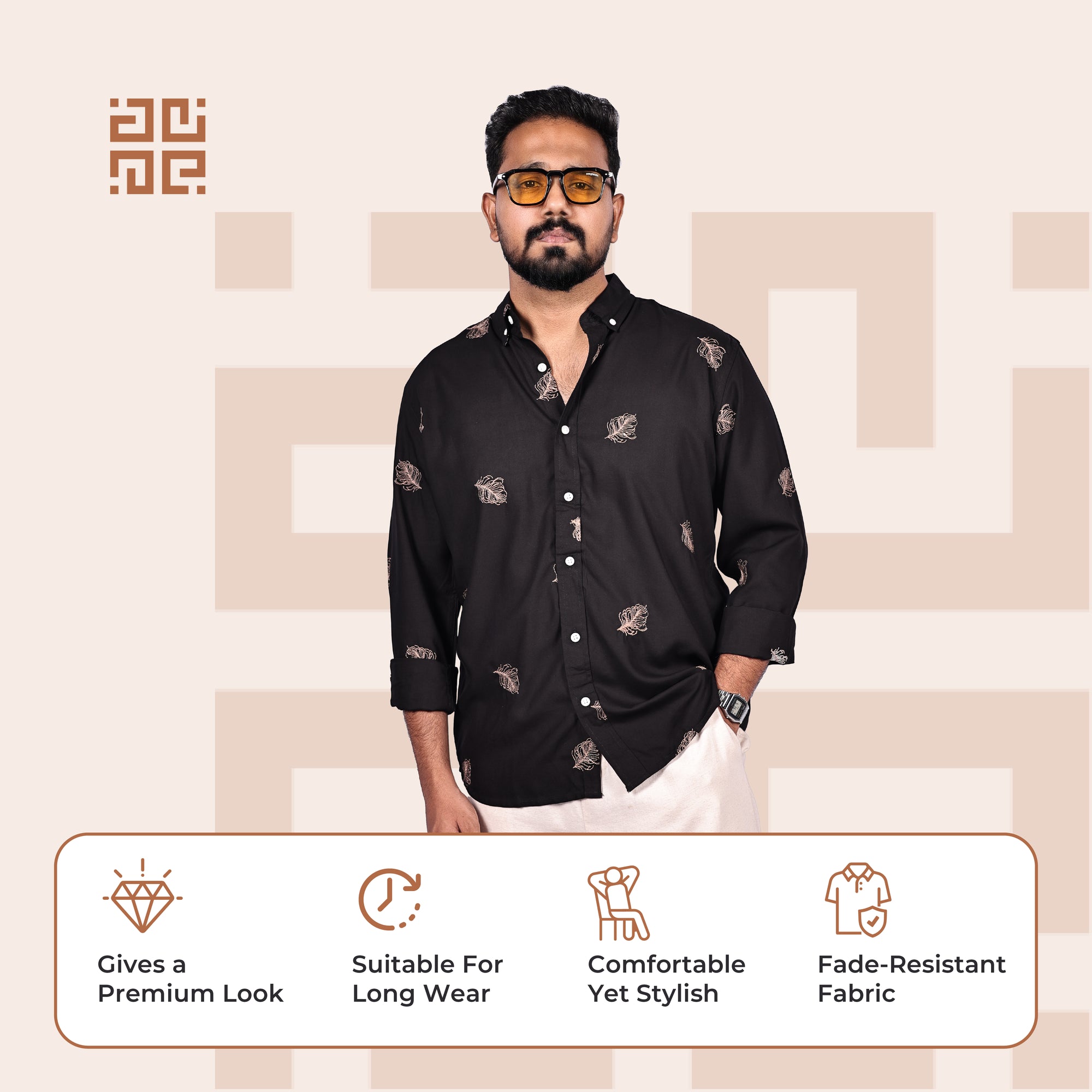 Black Heritage Floral Motif Premium Embroidery Shirt