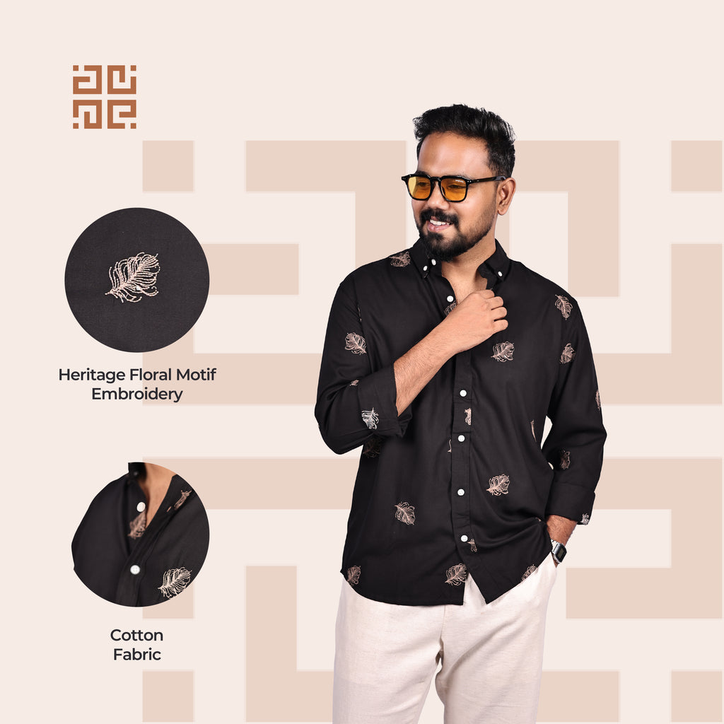 Black Heritage Floral Motif Premium Embroidery Shirt