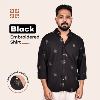 Black Abstract Leaf Motif Premium Embroidery Shirt