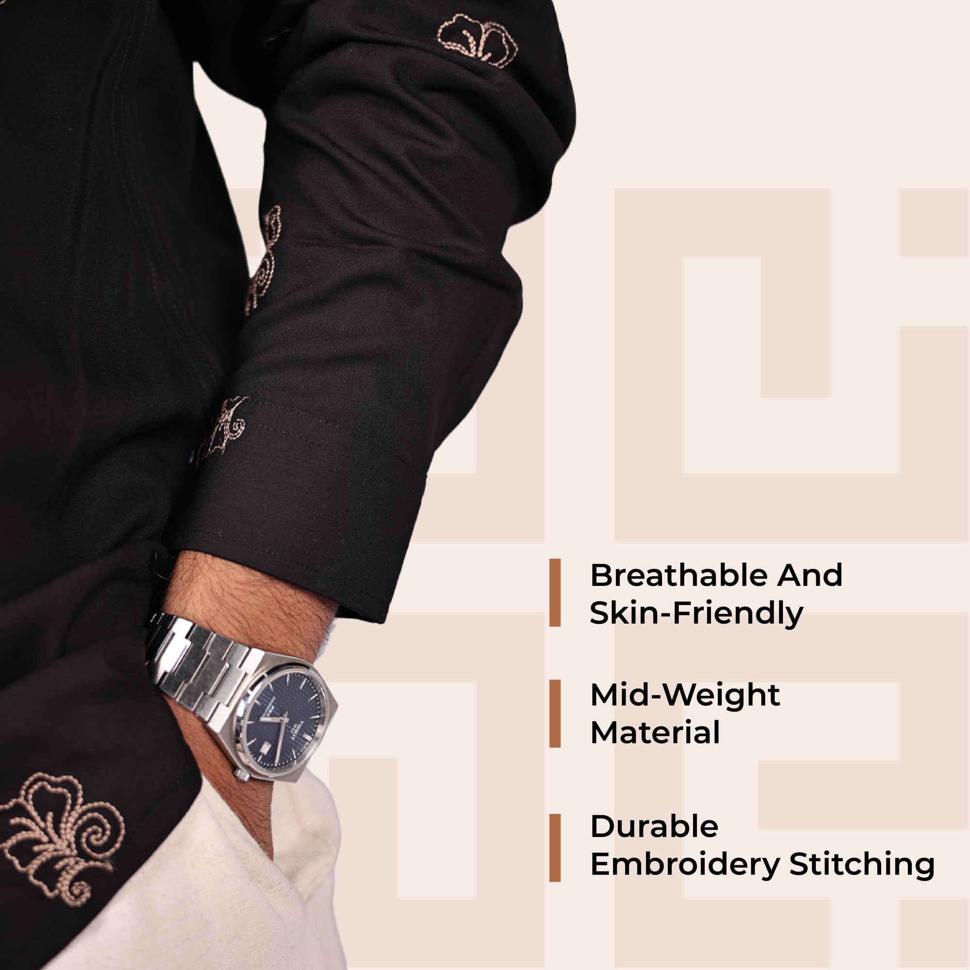 Black Abstract Leaf Motif Premium Embroidery Shirt