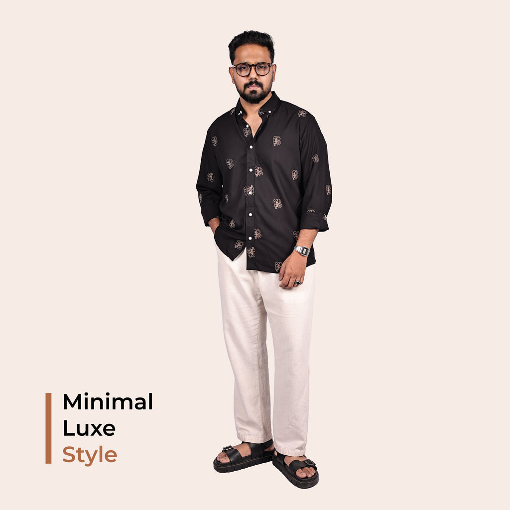 Black Abstract Leaf Motif Premium Embroidery Shirt