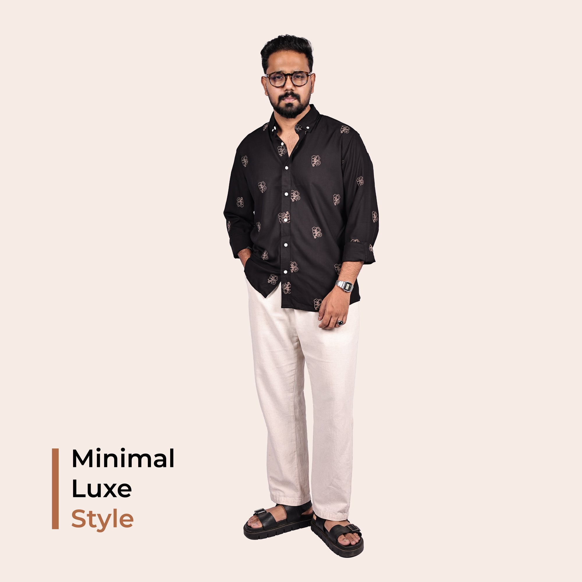 Black Abstract Leaf Motif Premium Embroidery Shirt