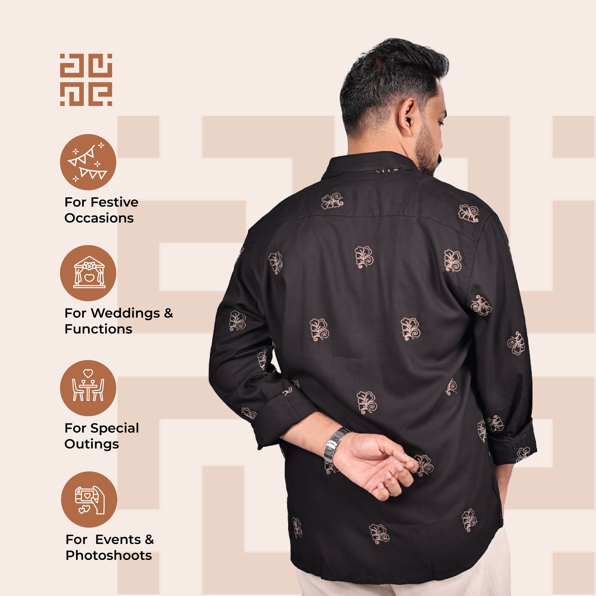 Black Abstract Leaf Motif Premium Embroidery Shirt