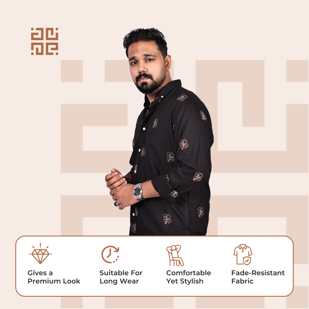 Black Abstract Leaf Motif Premium Embroidery Shirt
