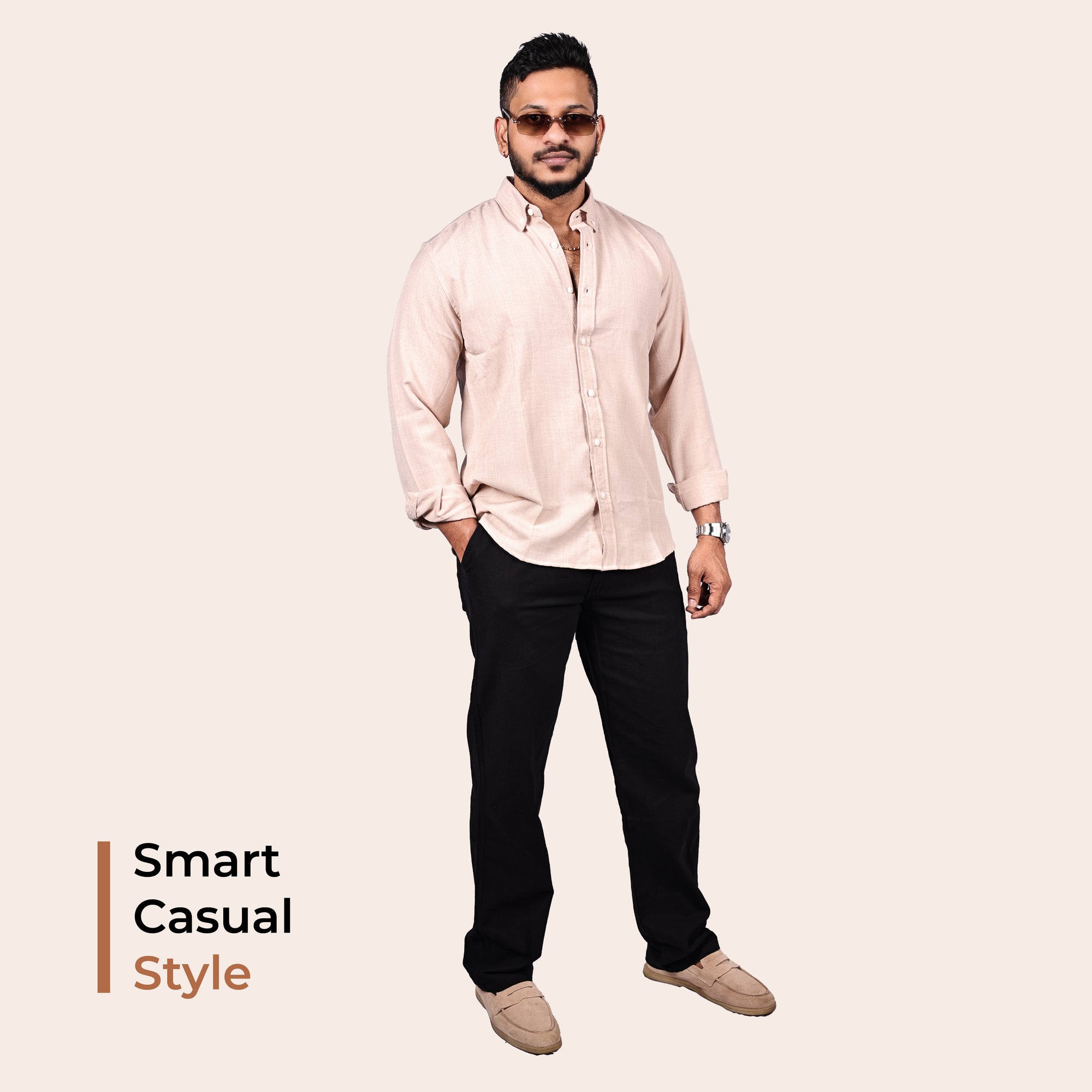 Light Pink Beige Linen Regular Fit Shirt
