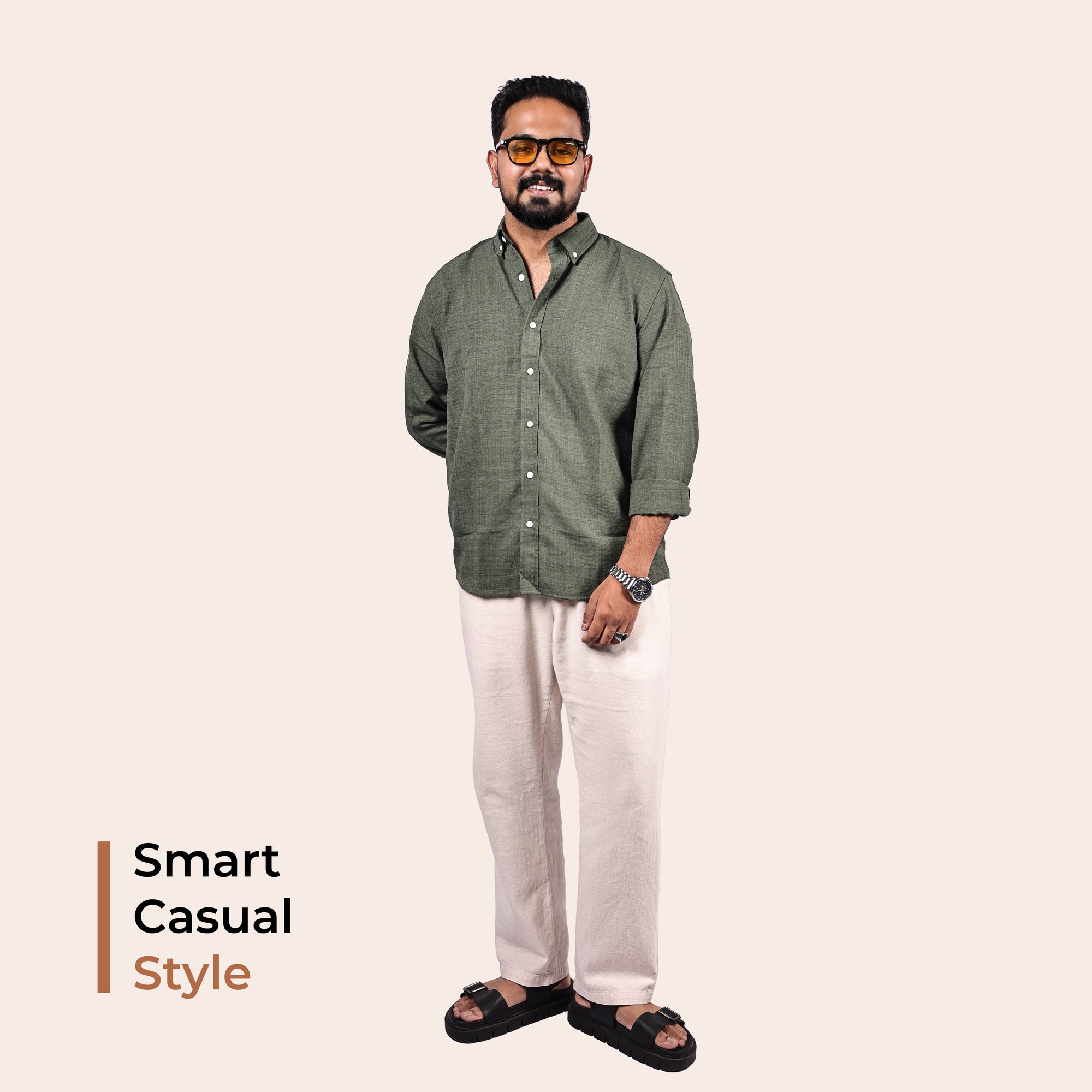 Olive Green Linen Regular Fit Shirt