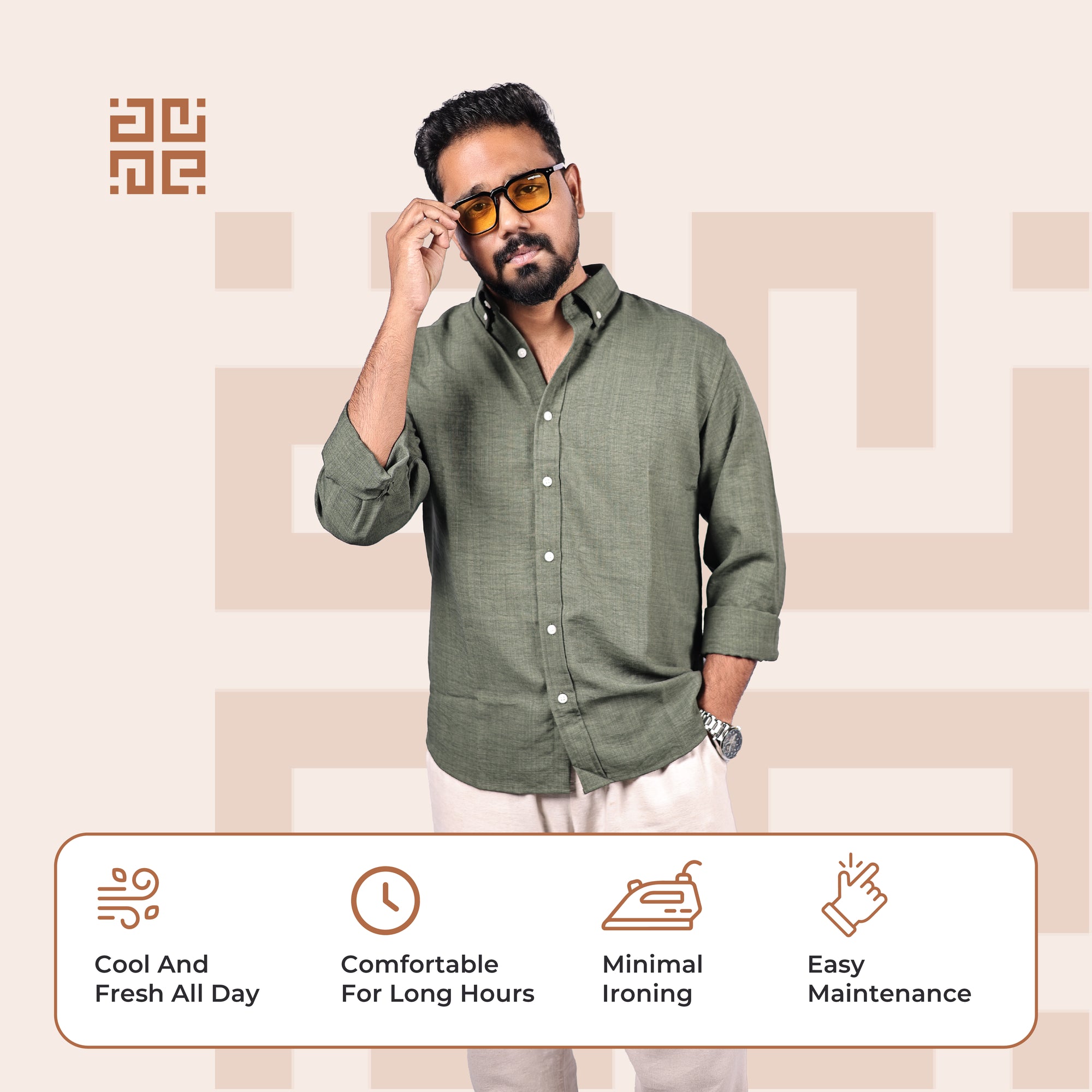 Olive Green Linen Regular Fit Shirt