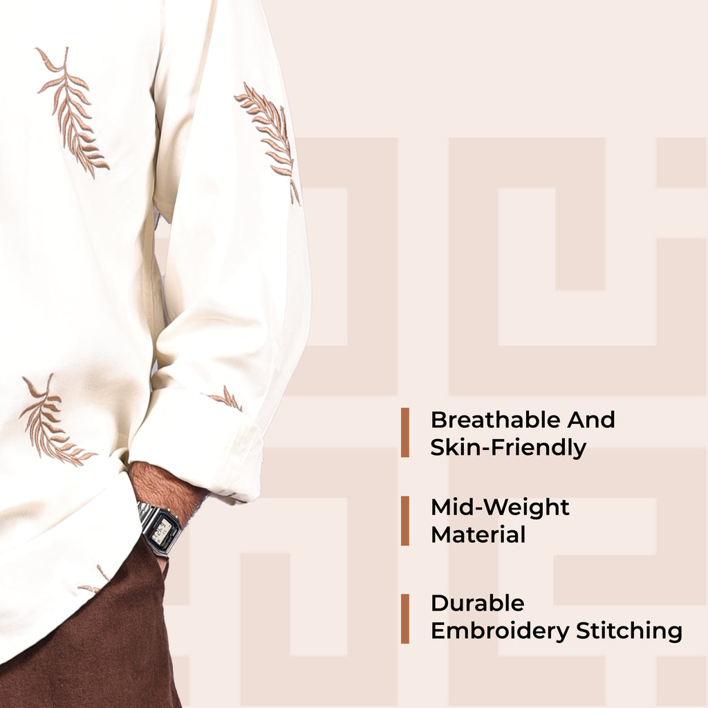 Beige Fern Leaf Pattern Premium Embroidery Shirt