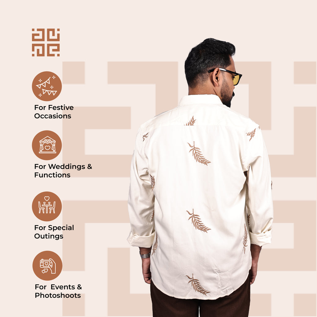 Beige Fern Leaf Pattern Premium Embroidery Shirt – Elther