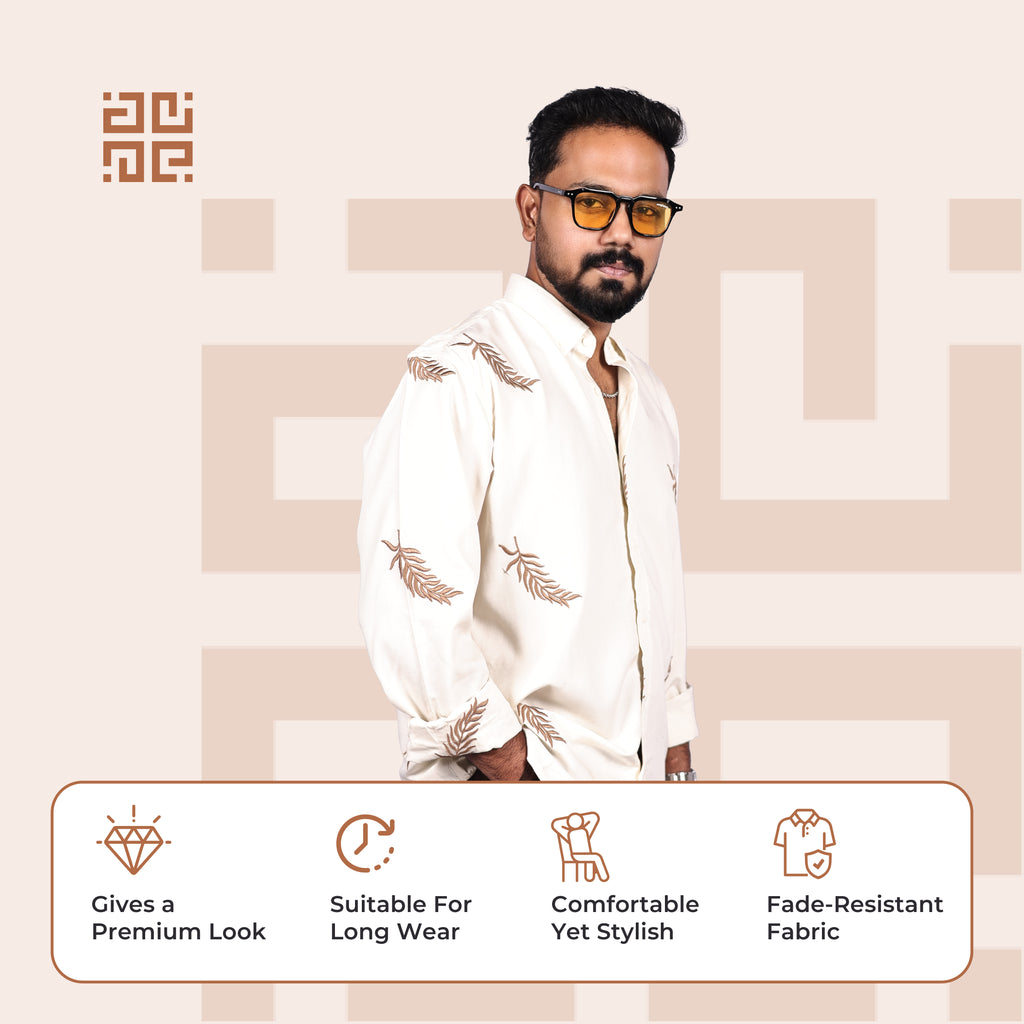 Beige Fern Leaf Pattern Premium Embroidery Shirt