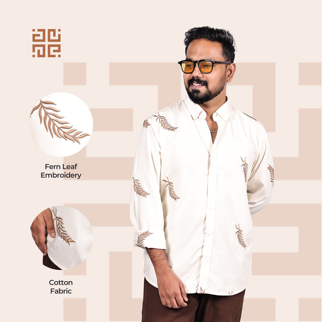Beige Fern Leaf Pattern Premium Embroidery Shirt
