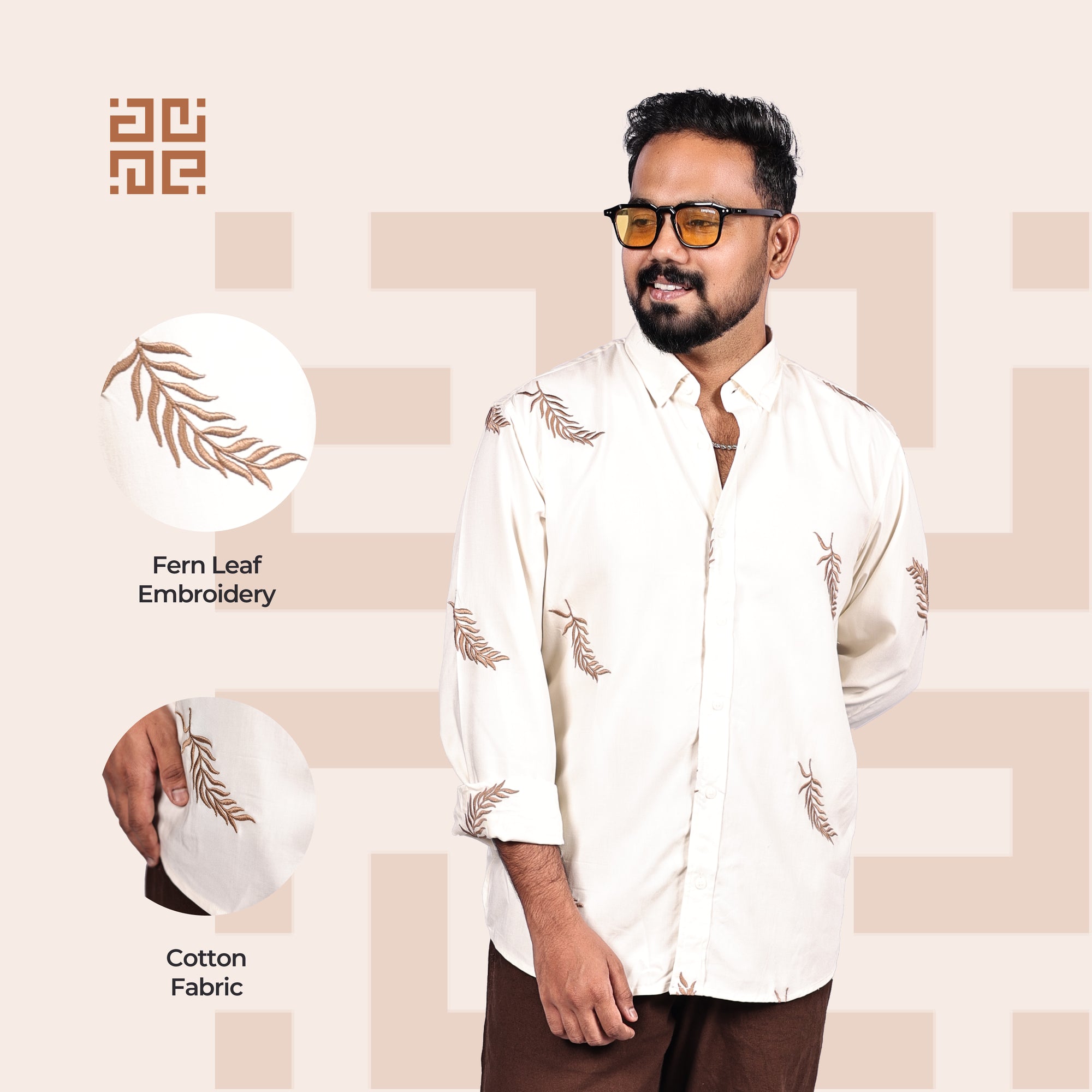 Beige Fern Leaf Pattern Premium Embroidery Shirt