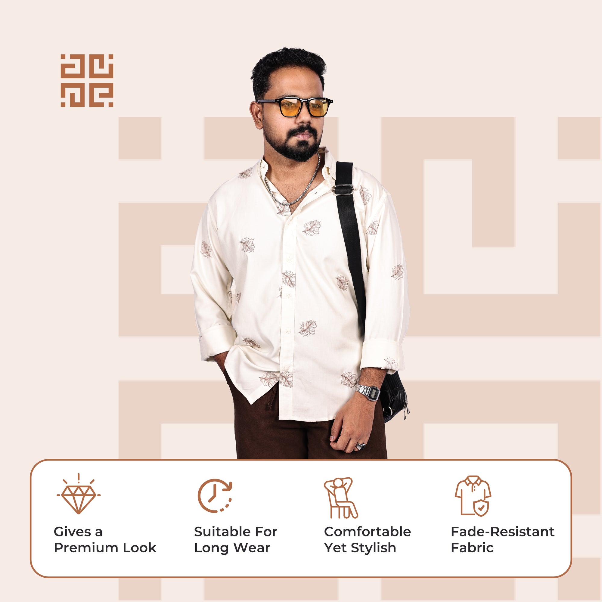 Beige Heritage Floral Motif Premium Embroidery Shirt