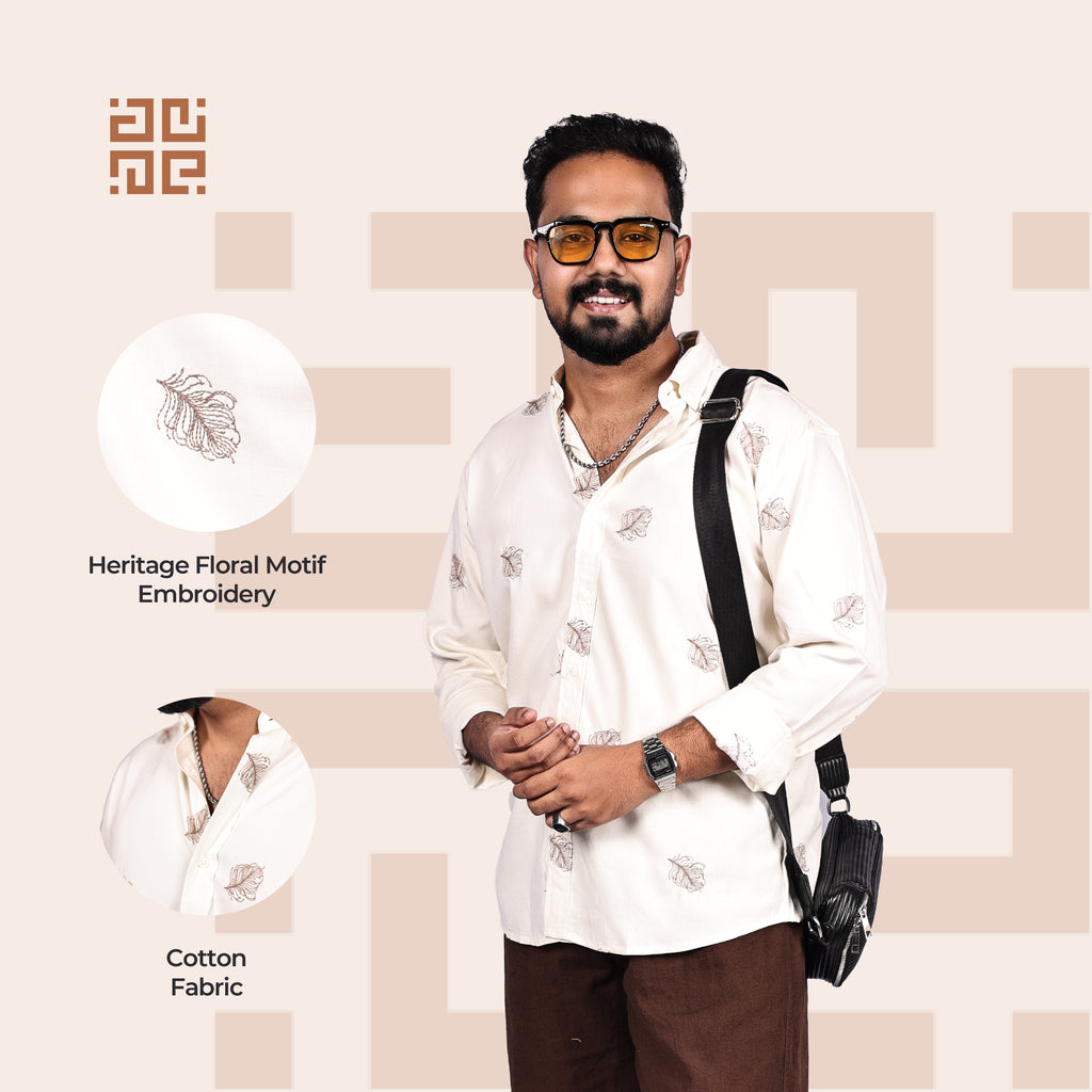 Beige Heritage Floral Motif Premium Embroidery Shirt