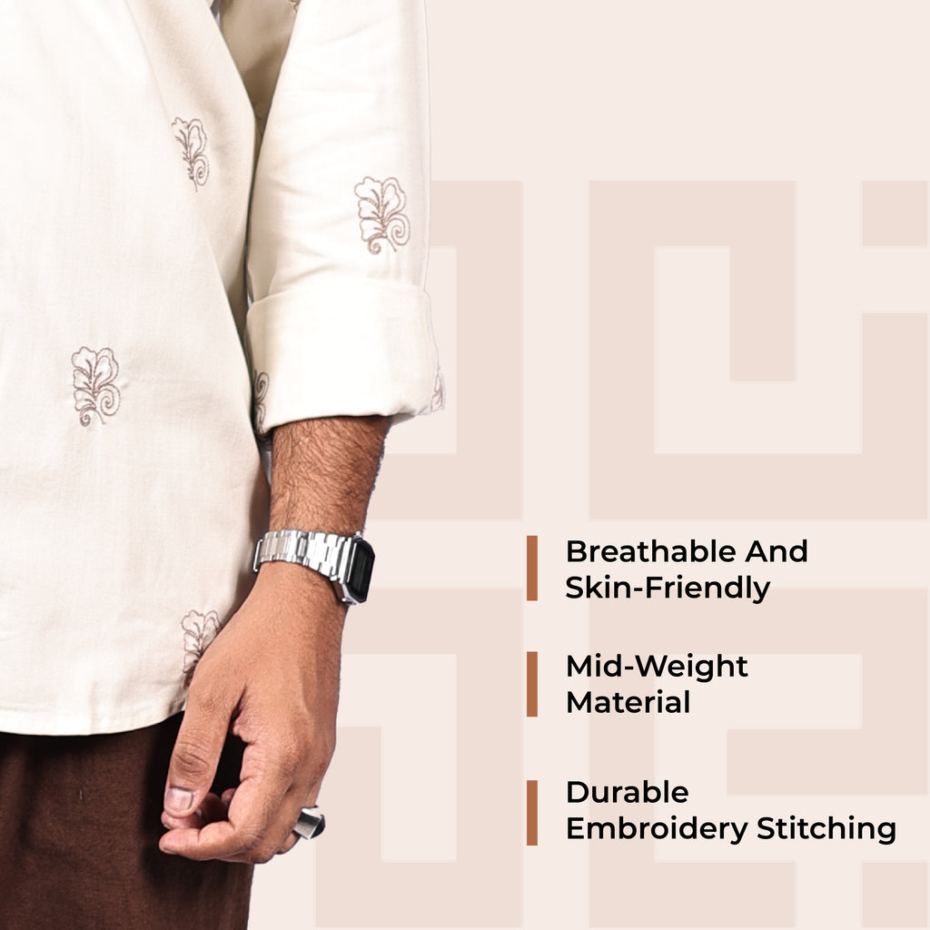 Beige Abstract Leaf Motif Premium Embroidery Shirt
