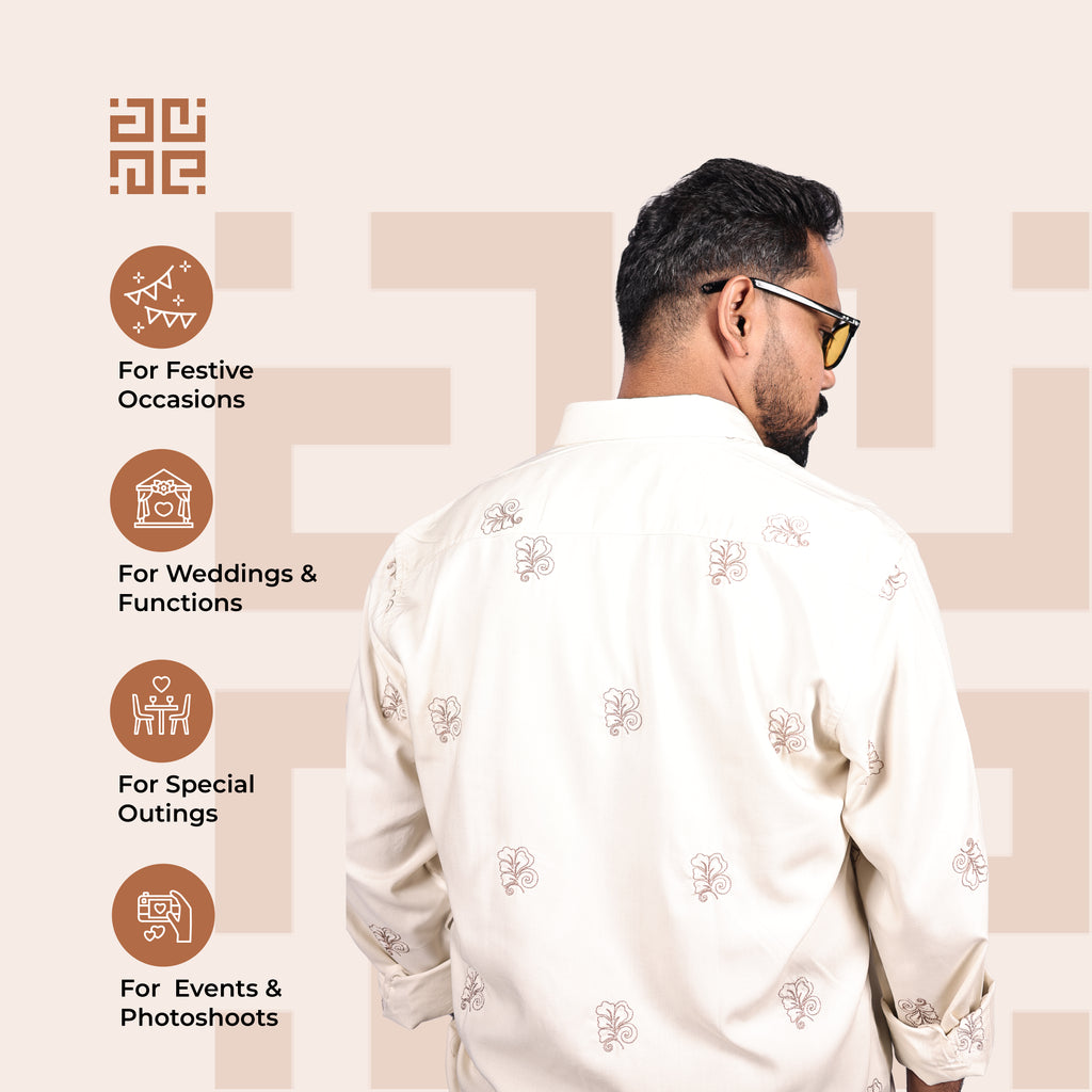 Beige Abstract Leaf Motif Premium Embroidery Shirt