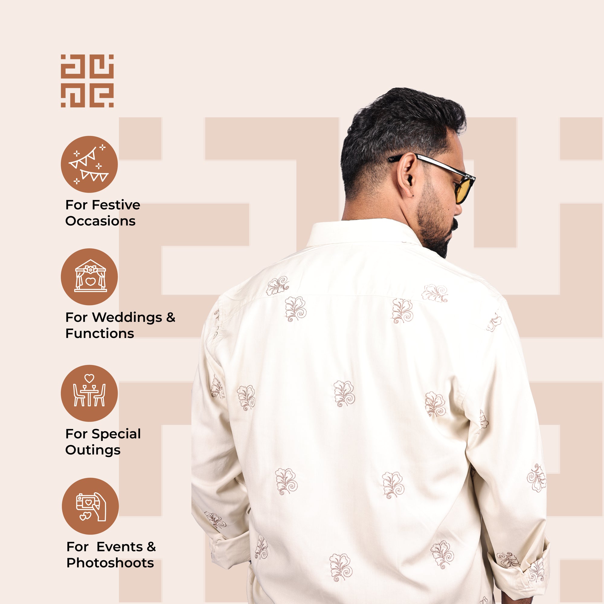 Beige Abstract Leaf Motif Premium Embroidery Shirt