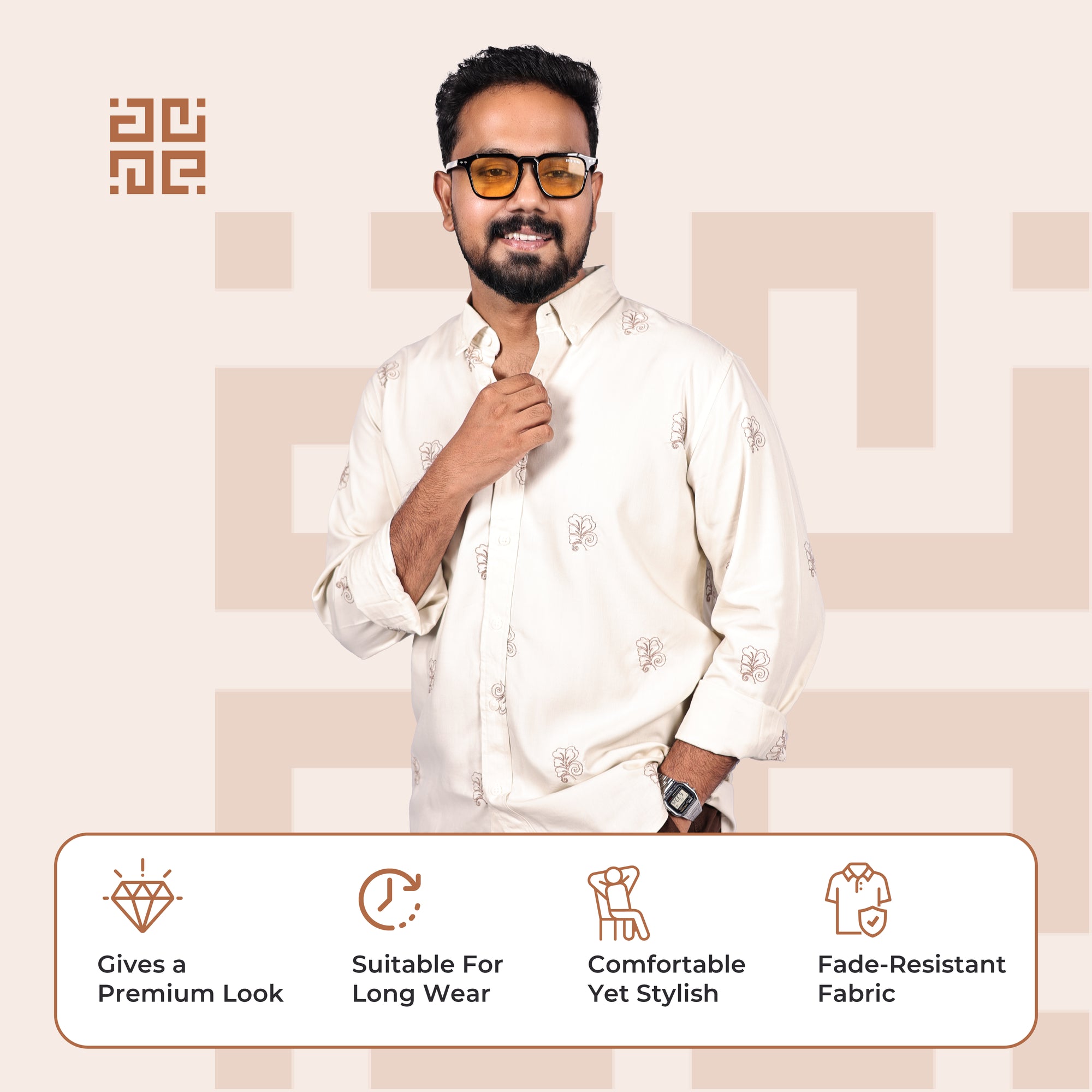 Beige Abstract Leaf Motif Premium Embroidery Shirt