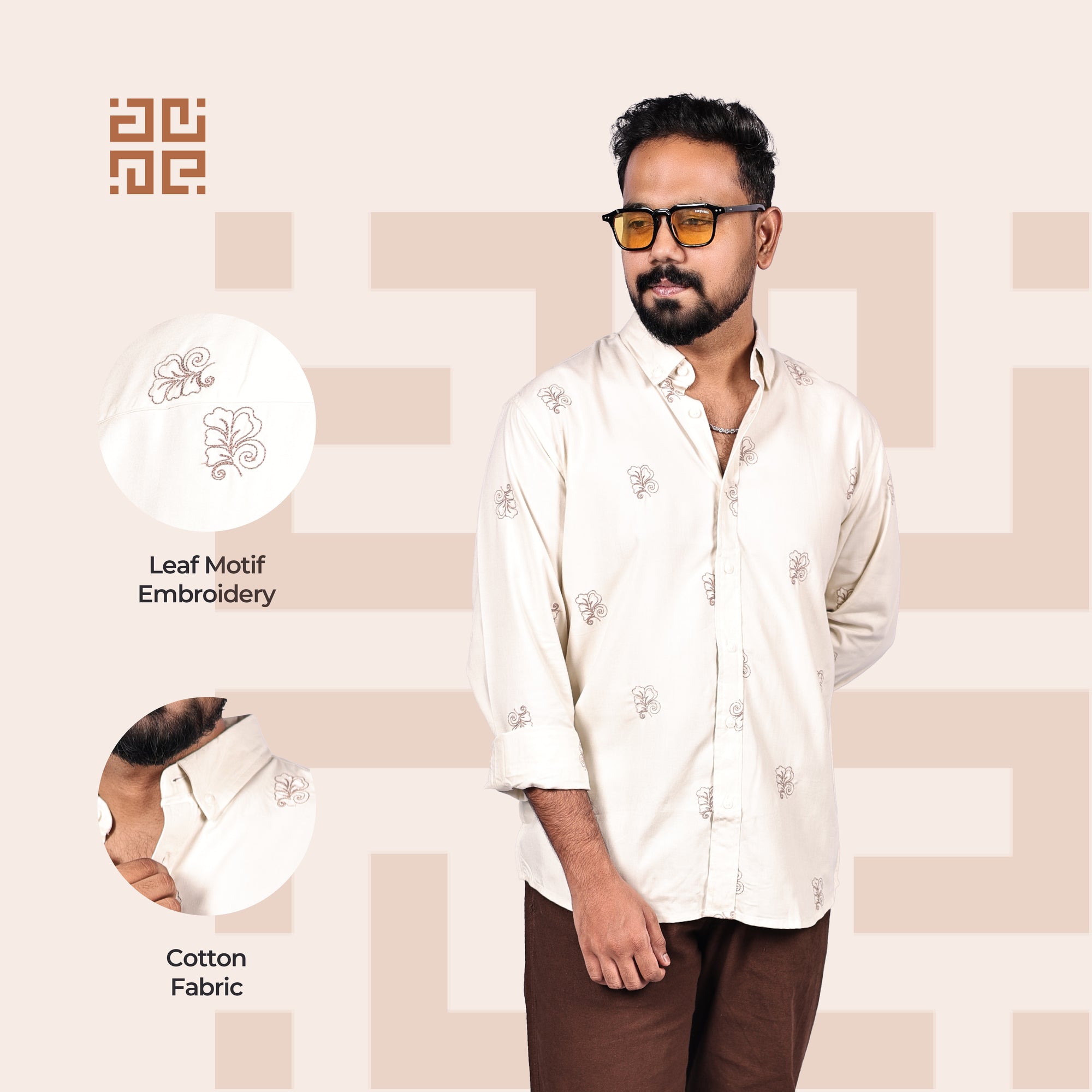 Beige Abstract Leaf Motif Premium Embroidery Shirt