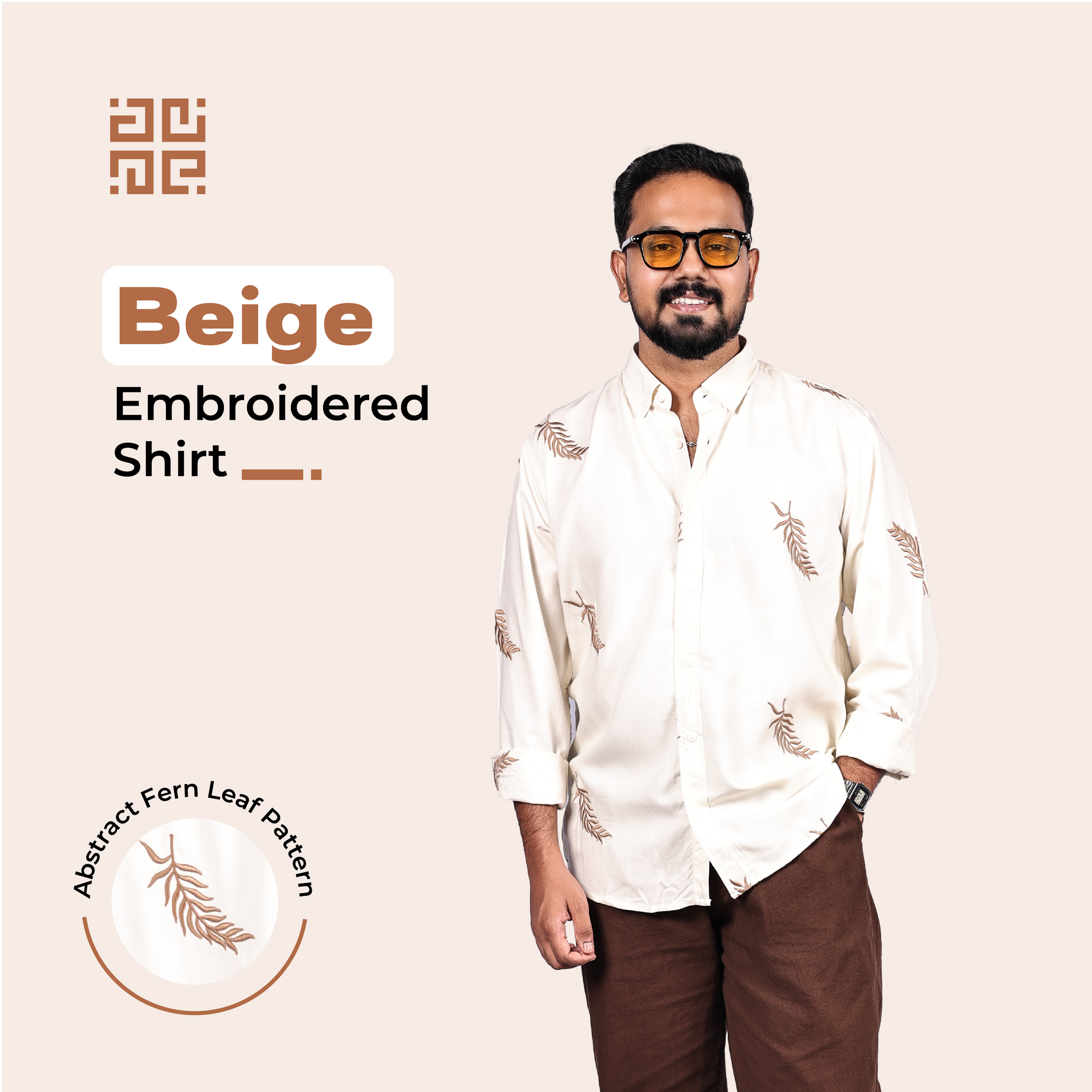 Beige Fern Leaf Pattern Premium Embroidery Shirt