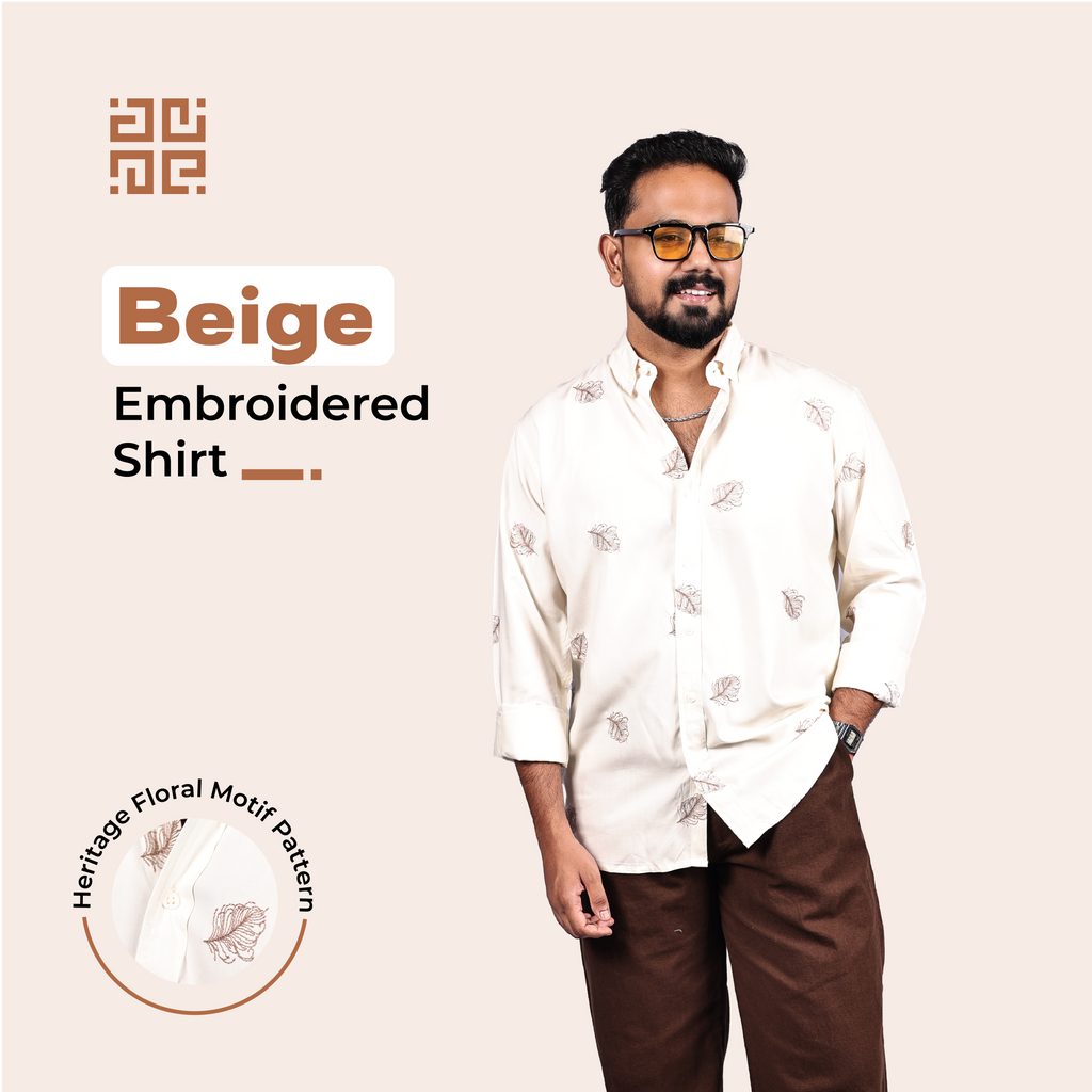 Beige Heritage Floral Motif Premium Embroidery Shirt