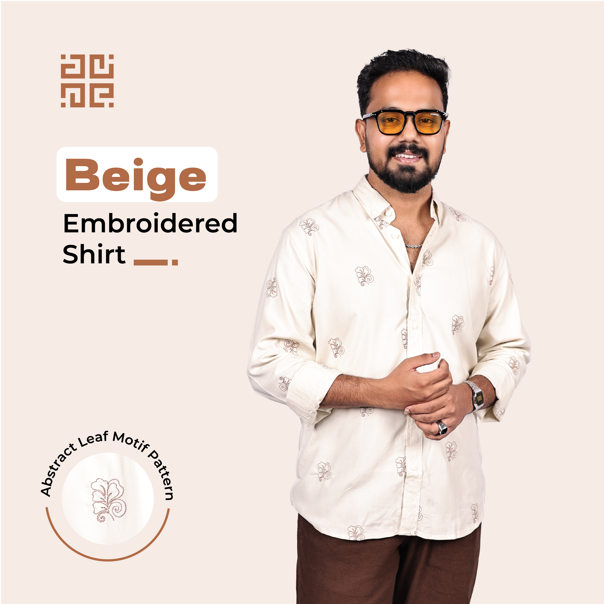 Beige Abstract Leaf Motif Premium Embroidery Shirt